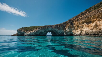 Fototapeta premium Ocean Cave Entrance with Turquoise Water and Blue Sky