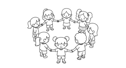 Diverse group of cartoon children holding hands in a circle isolated on transparent background
