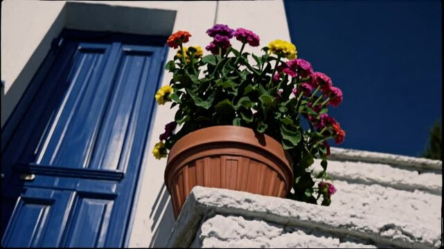 Pot de fleurs color&eacute;es sur escalier blanc et porte bleue