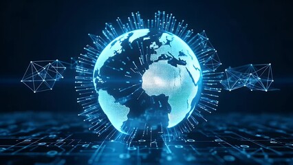 Digital globe surrounded by glowing lines and geometric network shapes - Powered by Adobe