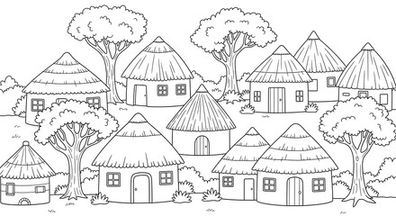 African village with traditional thatched roof huts and trees isolated on transparent background