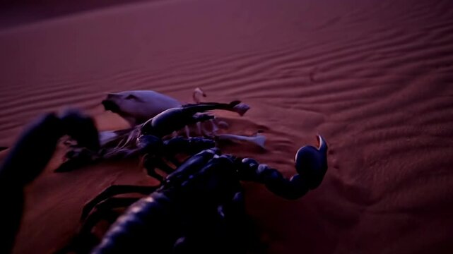 Venomous scorpion walking through desert sand dune 