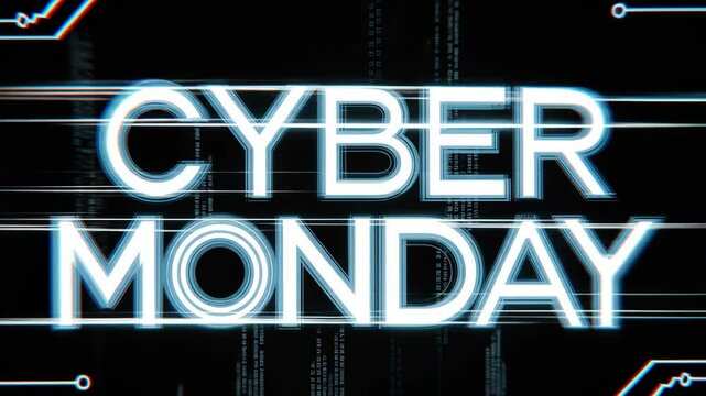Cyber Monday Sale: Electronic circuit animation on black background with digital glitch effect. Perfect intro for retail or technology marketing.