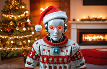 A friendly, futuristic AI robot with glowing eyes, dressed in a Christmas sweater and a Santa hat. New Year, Christmas, AI learning, future technology concept