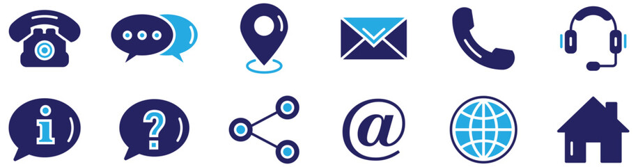 Modern Contact and Communication Icons Set in Dark and Light Blue – Vector Pack for Web and App Design

