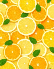 Obraz premium ibrant Citrus Slice Background: Refreshing Pattern of Bright Yellow Lemons, Zesty Oranges & Fresh Green Mint Leaves. Perfect for Summer, Healthy Food & Drink Themes