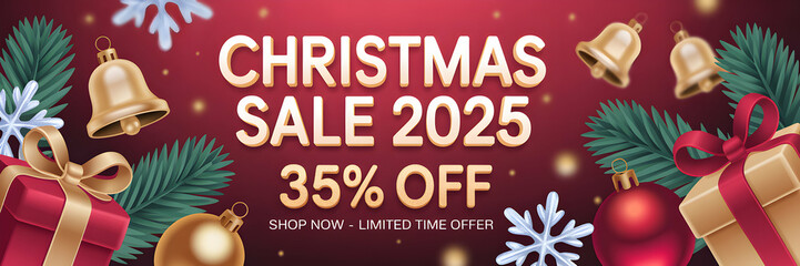 Christmas Sale 2025 35 Percent Off Festive Banner Red Background Gold Bells Red Gifts Ornaments Snowflakes 3 D Rendered Design