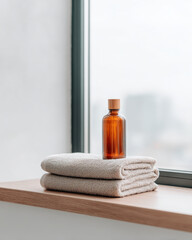 Amber glass bottle on beige towels near window with soft natural light