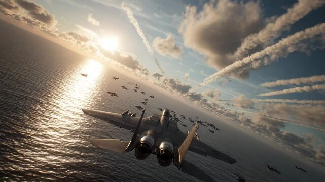  Close-up of fighter jets engaging in a high-speed dogfight over the ocean, with afterburners lit and contrails cutting through the sky

