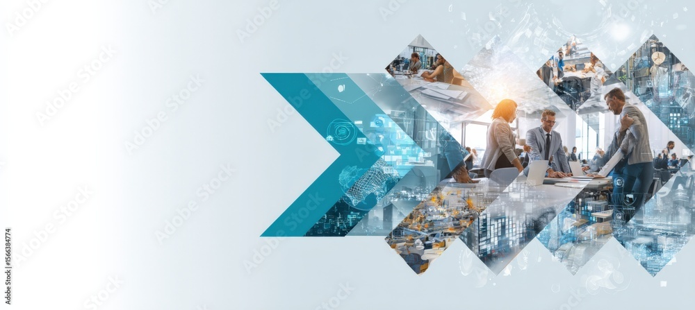 Aufkleber Modern digital technology concept with abstract geometric shapes emphasizing innovation and collaboration in a futuristic workspace scene
