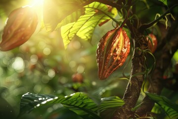Detailed Color Picture of Cacao Tree with Cocoa Fruit on the Forest Chocolate Ingredient