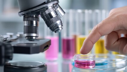 Fototapeta premium Highly detailed close-up of a person's finger touching a test tube with pink liquid in a modern science laboratory with microscope and colorful test tubes
