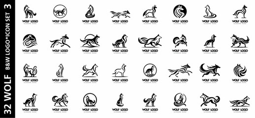 Set of 32 black and white vector wolf logos with stylized standing, sitting, and running poses. Perfect for branding, identity, and creative design. © CorelZavr