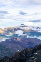 Mount Rinjani active volcano crater and lake