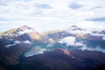 Mount Rinjani active volcano crater and lake