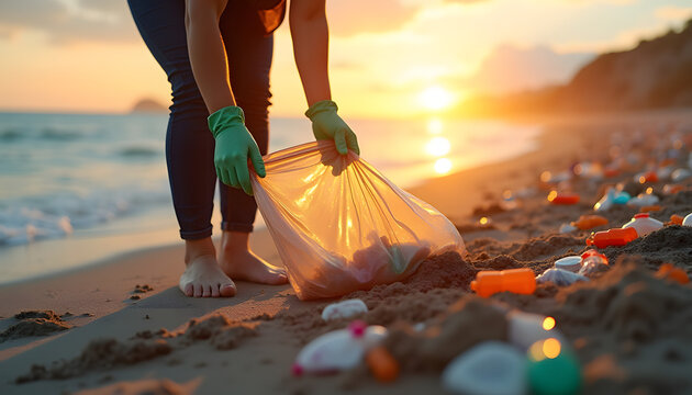 Volunteer Cleaning Plastic Pollution from a Beach During a Golden Sunset.