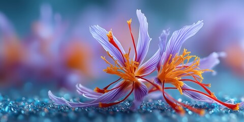 Fototapeta premium Close-up of purple saffron flower threads with vibrant orange and red details on a sparkling blue surface