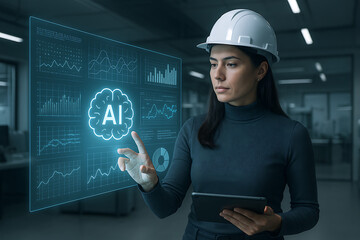 Engineer working with AI interface displaying digital data network global intelligence and future technology solutions