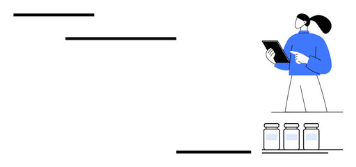 Woman holds tablet, analyzing or inspecting near three bottles. Ideal for healthcare, research, technology, inventory, data, education, simple landing page