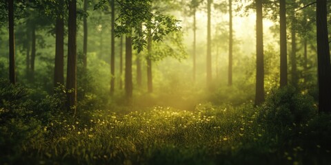 Obraz premium Mystical Forest: The sun's rays filter through a lush, vibrant forest, creating a magical atmosphere of tranquility and enchantment.
