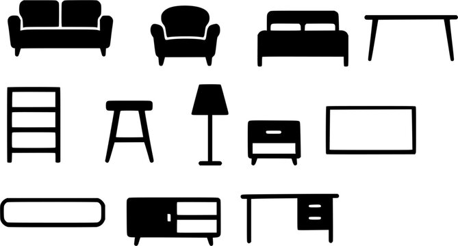 Modern Furniture Icons Sofa, Chair, Bed, Desk, Table, Shelf, Lamp, and More