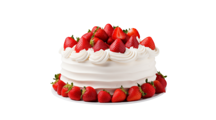 Delicious strawberry cake with whipped cream frosting on a transparent background