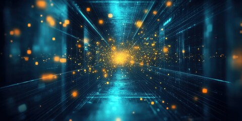 Illuminated Digital Tunnel: An eye-level shot delves into a sleek digital tunnel, its walls alive with streams of vibrant, pulsating lights. A sense of technological marvel and endless possibilities.