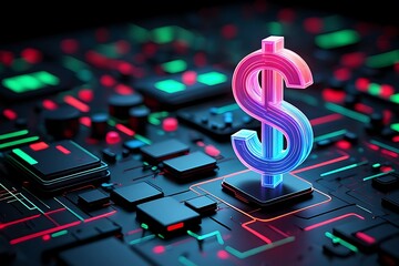 Neon dollar sign on a circuit board