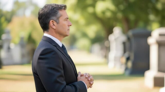 Mourning man in suit at cemetery, loss and grief concept. Memorial service backdrop, remembrance for funeral, memorial day or veterans day. Respect and tribute.