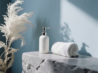  white dispenser bottle & rolled towel on stone – serene beige mockup for cosmetic, spa, massage designs