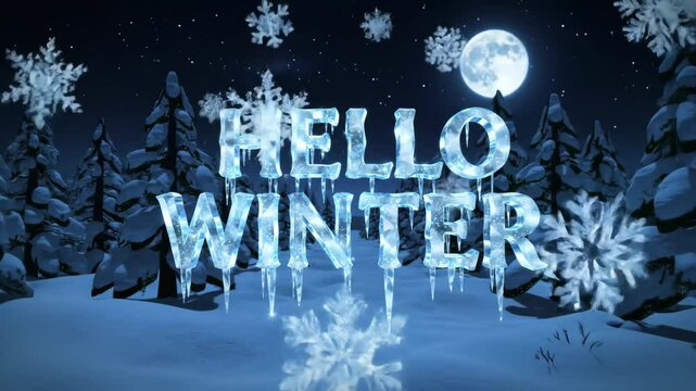 Chilling "Hello Winter" animation with moon and snowflakes. Winter themed background for holiday greeting or seasonal promotion.