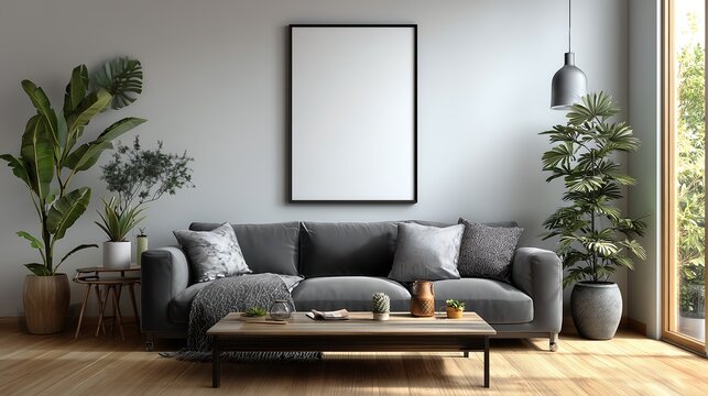 Living Room Wall Poster Frame Mockup, ISO A Paper Size
