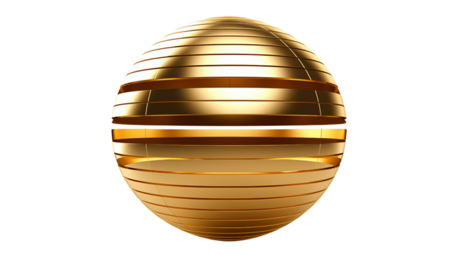A sleek golden sphere with segmented rings  isolated on transparent background