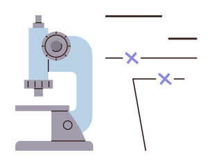 Microscope next to analysis lines and cross symbols emphasizing scientific research, study, lab testing, data interpretation. Ideal for science, education, technology, healthcare, research