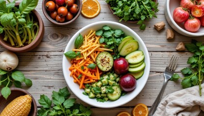 Colorful Fresh Salad Bowl With Varied Vegetables And Fruits On A Wooden Table Surface