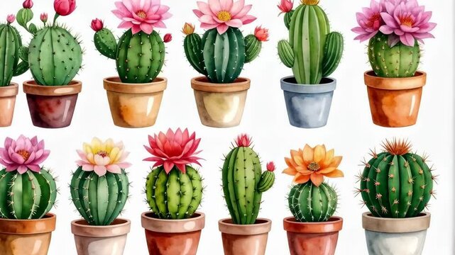 Watercolor illustration of multiple cacti in pots with various colored blossoms and thorns on a white background, detailed style