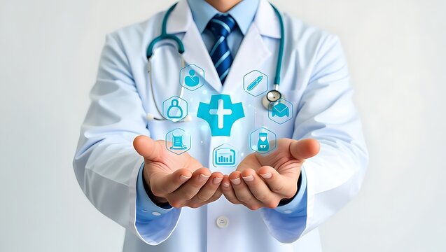 Doctor presenting a medical cross and healthcare icons in his open hands symbolizing comprehensive patient care and medical services