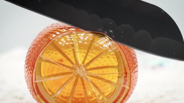 A realistic jelly orange gets sliced smoothly, showing bouncy texture and citrusy vibes.