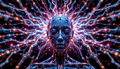 Abstract Neon Portrait of a Human-like Figure with Radiating Light and Energy Patterns