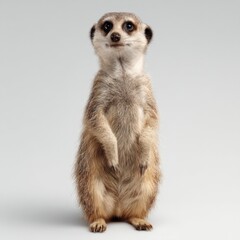 Fototapeta premium Adorable standing meerkat posing on plain white background with alert expression, detailed fur, natural posture, bright lighting, high resolution