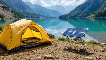 Vibrant Yellow Camping Tent Beside Solar Panels by Tranquil Lake Surrounded by Majestic Mountains