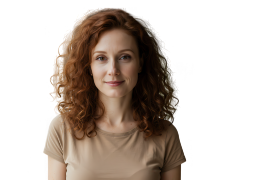 A beautiful redhead woman with curly hair is posing for a portrait isolated on transparent background