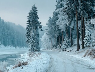 Winter Forest Landscape with Snowy Path