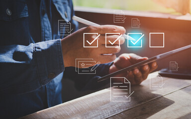 Businessman mark off items on digital checklist, Quality Assurance and Document Control Icons, representing quality assurance and document control processes, verification and compliance