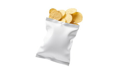 Crispy potato chips spill out of a blank white snack bag  isolated on transparent background