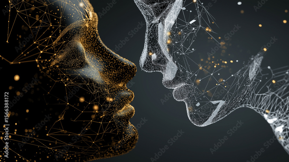 Leinwandbilder Digital faces composed of interconnected lines and particles face each other, symbolizing intersection of technology and human emotion. abstract design highlights complexity of AI and virtual