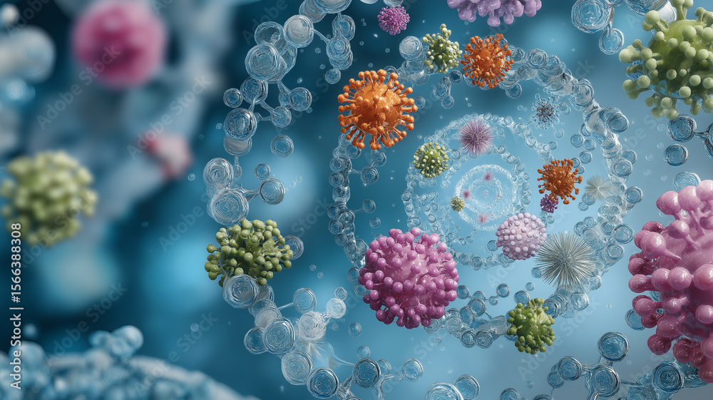 Poster colorful abstract representation of viruses and cells spiral pattern, symbolizing scientific researc
