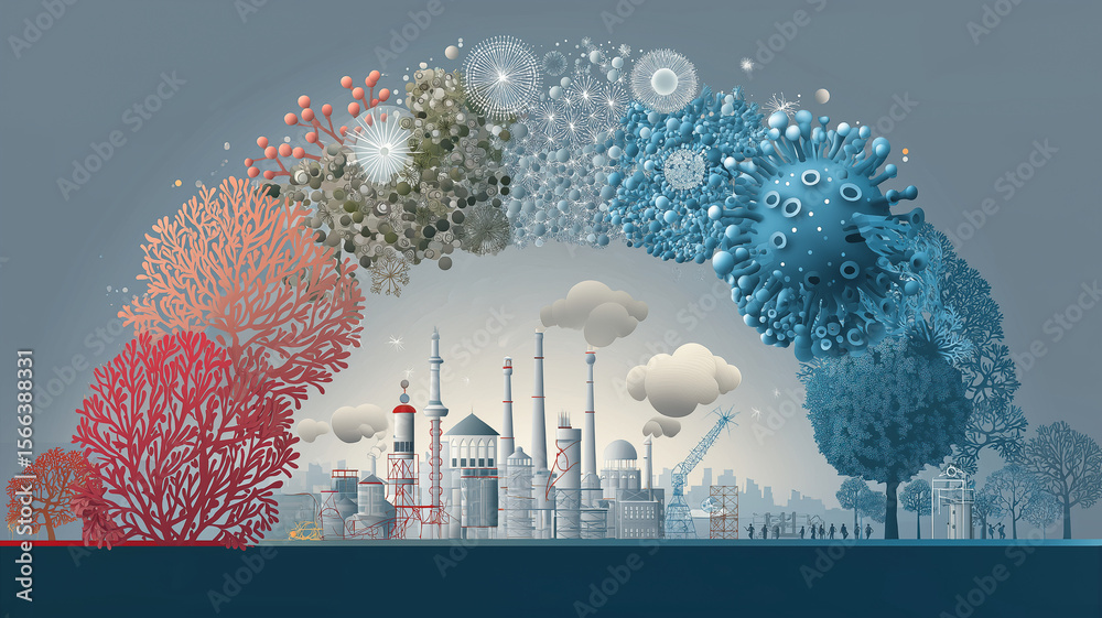 Poster vibrant illustration depicts transition from industrial pollution to cleaner, sustainable environmen