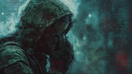 Mysterious figure in hooded jacket and goggles stands amidst digital storm, symbolizing cyber warfare and security threats. scene is filled with encrypted data and quantum encryption elements