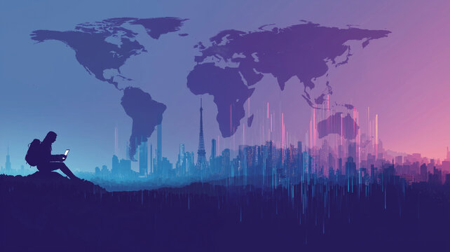 Silhouette of person using laptop against backdrop of city skyline and world map, symbolizing digital nomad lifestyle and global connectivity. image blends technology with urban and global themes
